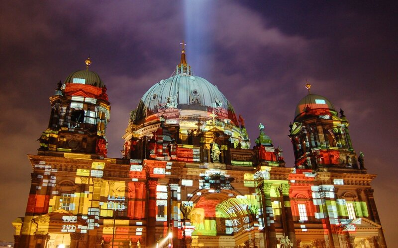 illuminated cathedral at night
