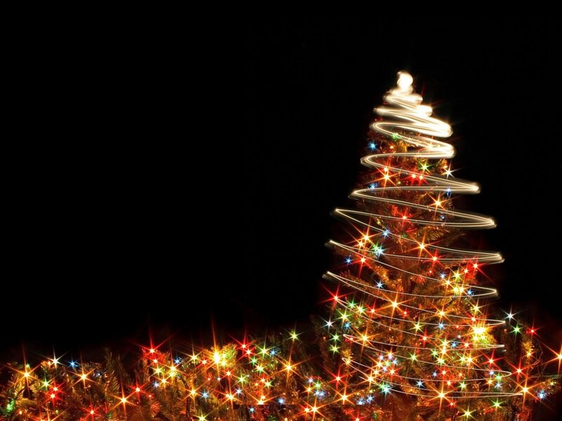Illuminated Christmas Tree — Black, Festive, Night, Photograph, Lights