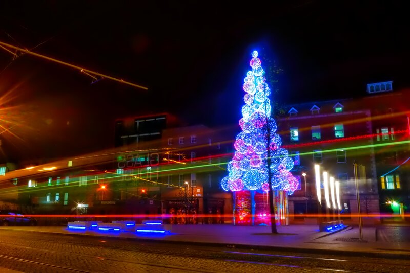 Illuminated Christmas Tree — Blue, Festive, Night, Photograph, Building, Tram Tracks