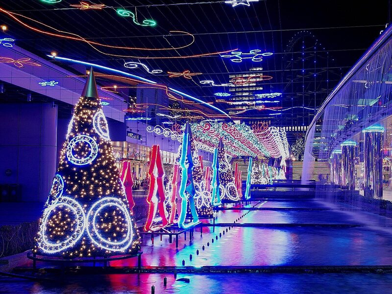 Illuminated Christmas Tree — Blue, Festive, Night, Photograph, Lights, Fountain