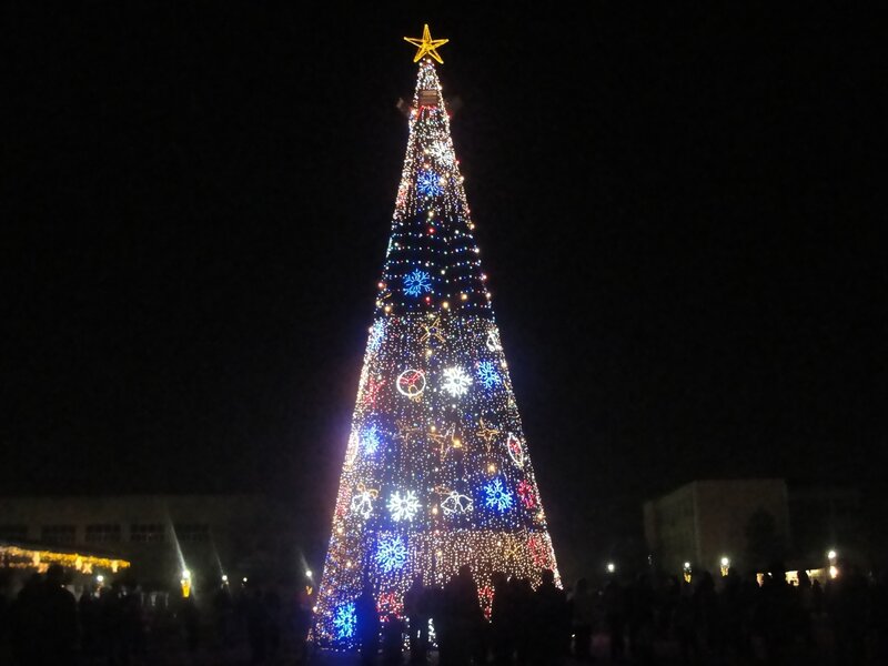 Illuminated Christmas Tree — Blue, Festive, Night, Photograph, Star