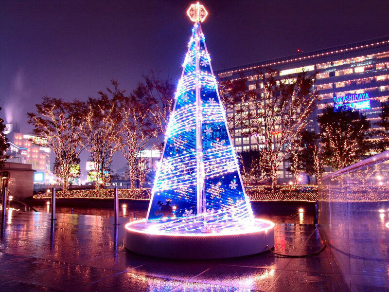 Illuminated Christmas Tree — Blue, Festive, Night, Photograph, Trees