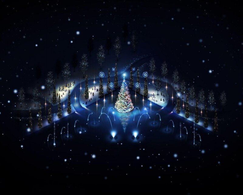 Illuminated Christmas Tree — Blue, Magical, Night, Digital Art, Fountains