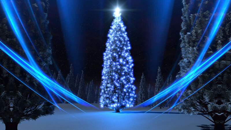 Illuminated Christmas Tree — Blue, Magical, Night, Digital Art, Snow