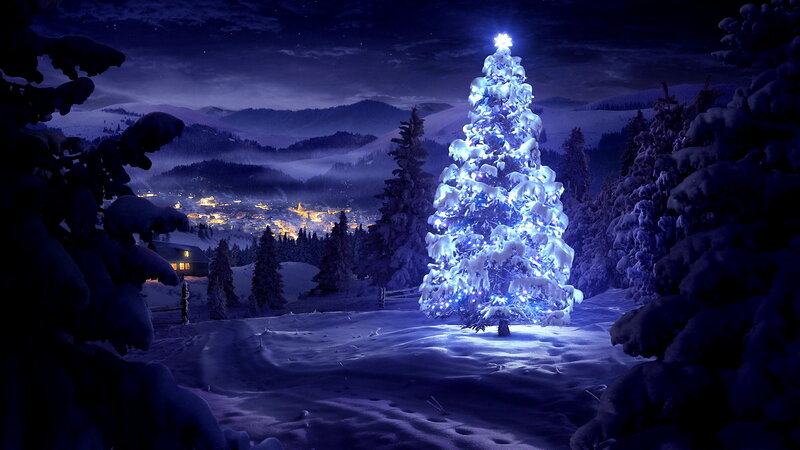 Illuminated Christmas Tree — Blue, Serene, Night, Digital Art, Snow-covered Trees, Mountains