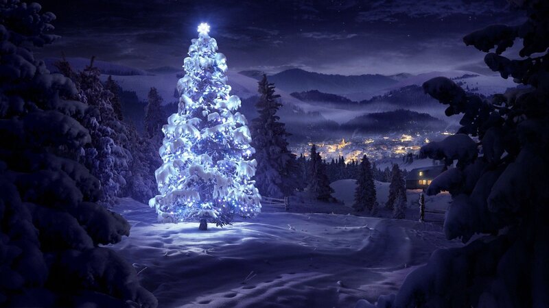 Illuminated Christmas Tree — Blue, Serene, Night, Digital Art, Snow-covered Trees, Mountains, Village