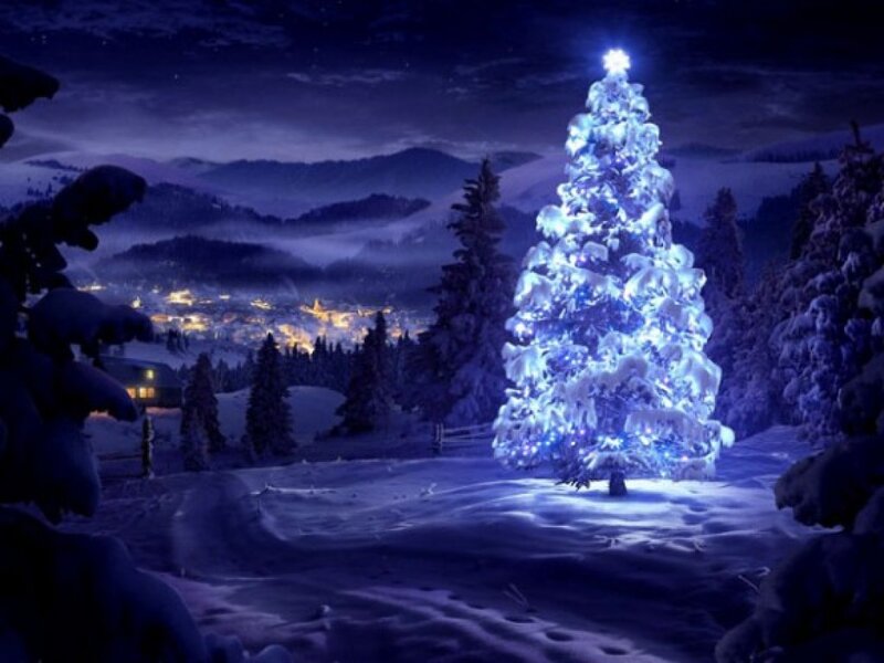 Illuminated Christmas Tree — Blue, Serene, Night, Digital Art, Snow, Mountains, Village