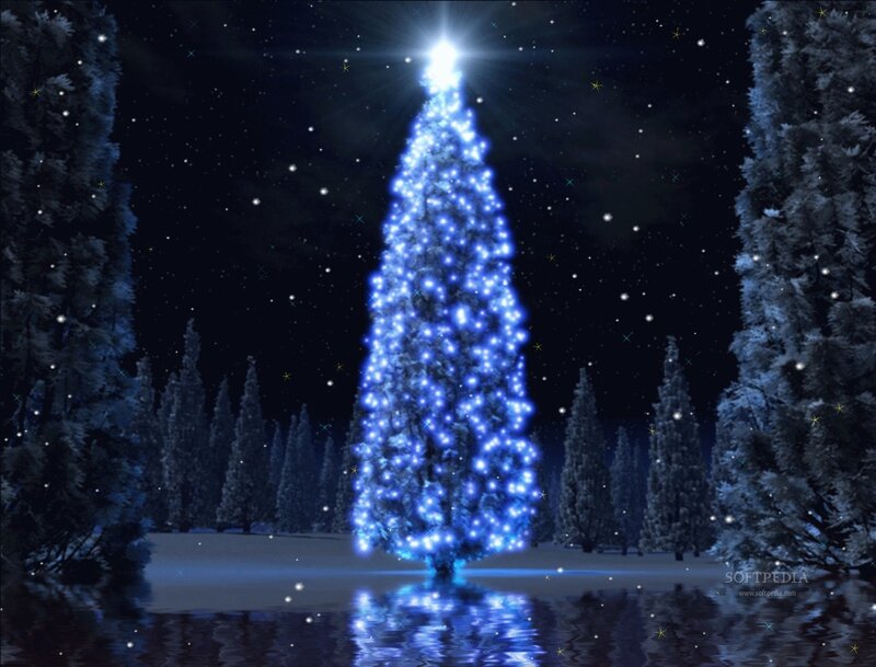 Illuminated Christmas Tree — Blue, Serene, Night, Digital Art, Snow