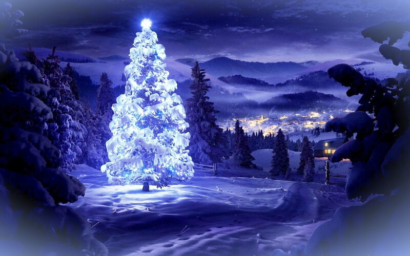 Illuminated Christmas Tree — Blue, Serene, Night, Digital Art, Snowy Forest, Mountains, Village