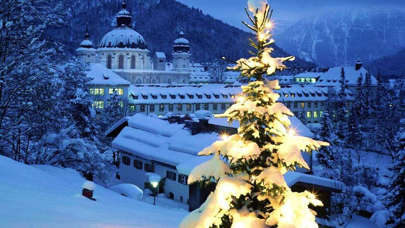 Illuminated Christmas Tree — Blue, Serene, Night, Photograph, Snow-covered Buildings