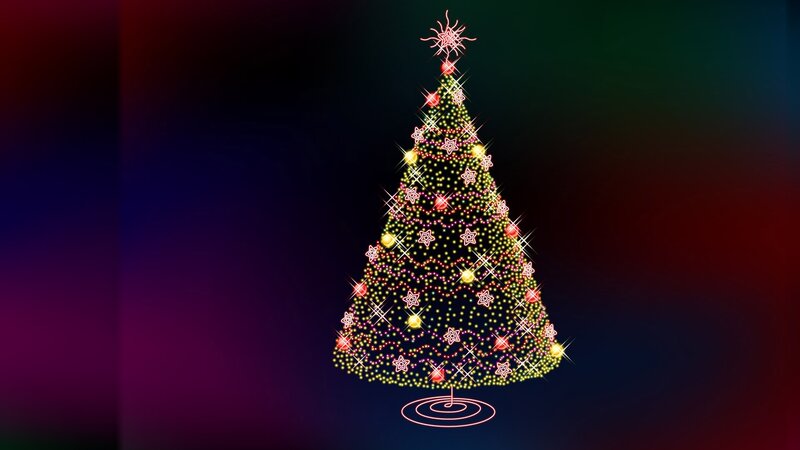 Illuminated Christmas Tree — Green, Festive, Night, Digital Art, Stars, Lights