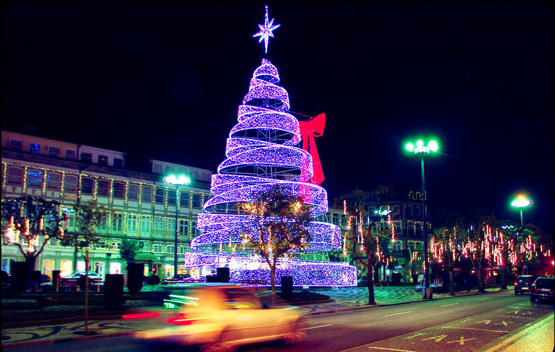 Illuminated Christmas Tree — Purple, Festive, Night, Photograph, Building, Car