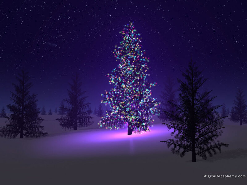 Illuminated Christmas Tree — Purple, Serene, Night, Digital Art, Snow, Trees, Stars, Blue