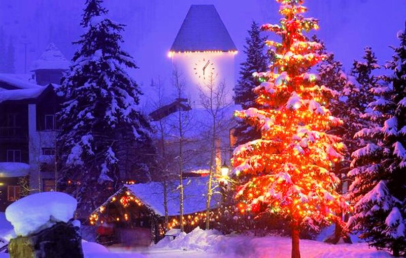 Illuminated Christmas Tree — Red, Festive, Night, Photograph, Clock Tower