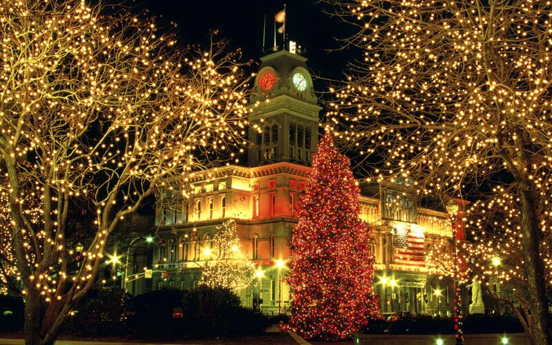 Illuminated Christmas Tree — Red, Festive, Night, Photograph, Clock Tower, Trees