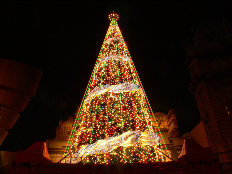 Illuminated Christmas Tree — Red, Festive, Night, Photograph