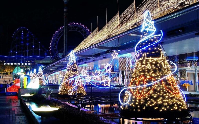 Illuminated Christmas Trees — Blue, Festive, Night, Photograph, Roller Coaster