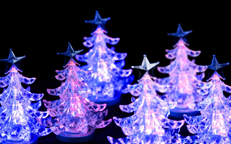 Illuminated Christmas Trees — Blue, Festive, Night, Photograph, Stars