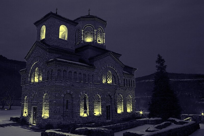 illuminated church at night