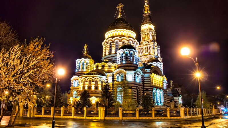 illuminated church at night