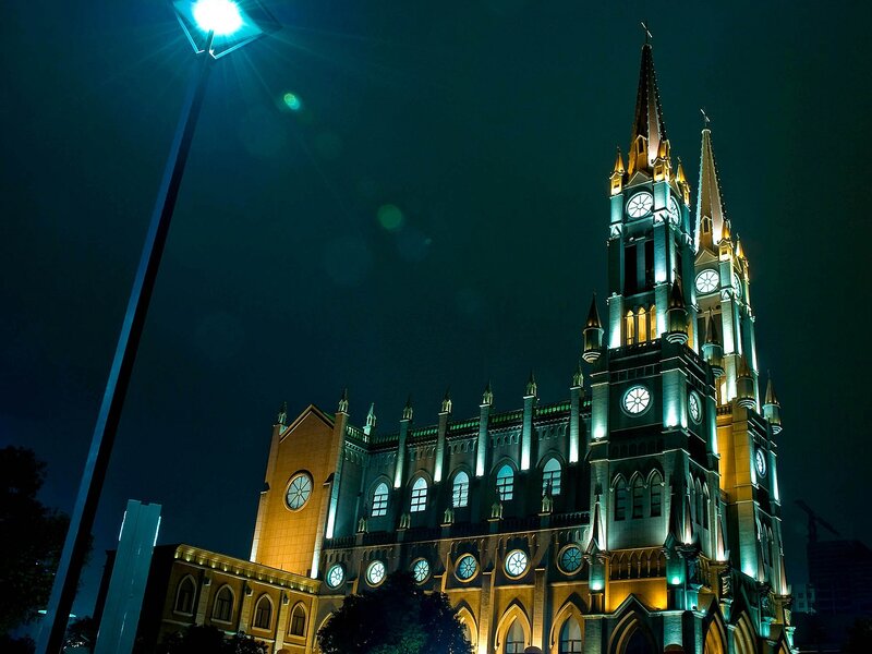 Illuminated Church at Night — Blue