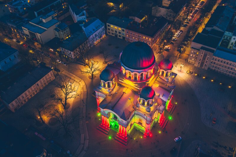 Illuminated Church at Night — Red, Dramatic