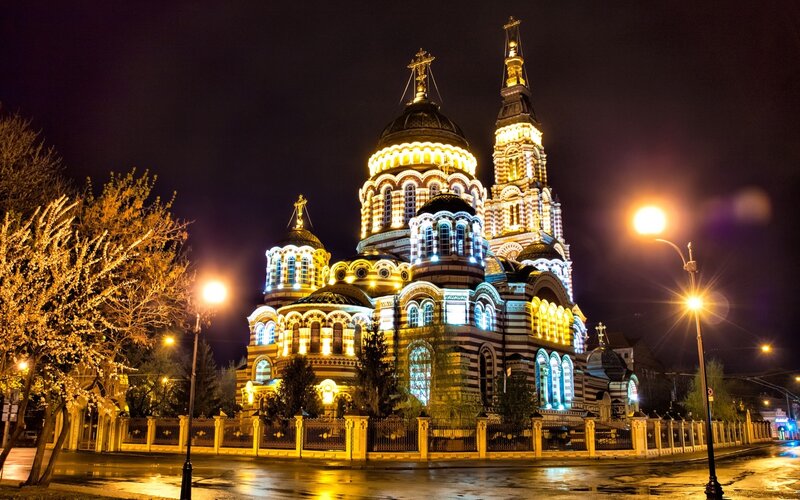illuminated church at night