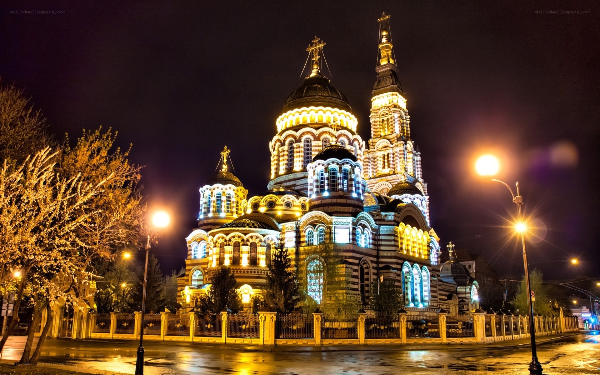 illuminated church at night