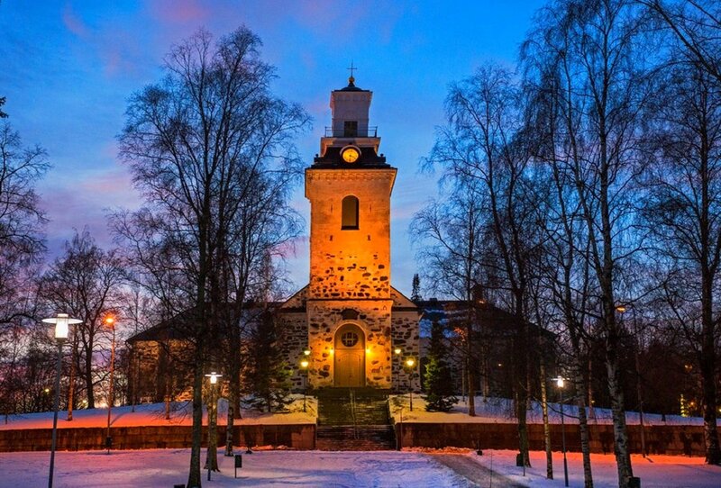 Illuminated Church Tower — Blue