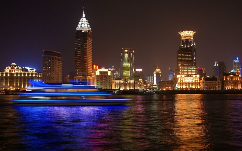 Illuminated City Skyline — Blue, Dramatic, Night, Photograph