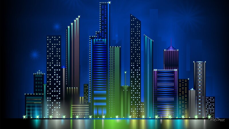 Illuminated City Skyline — Blue