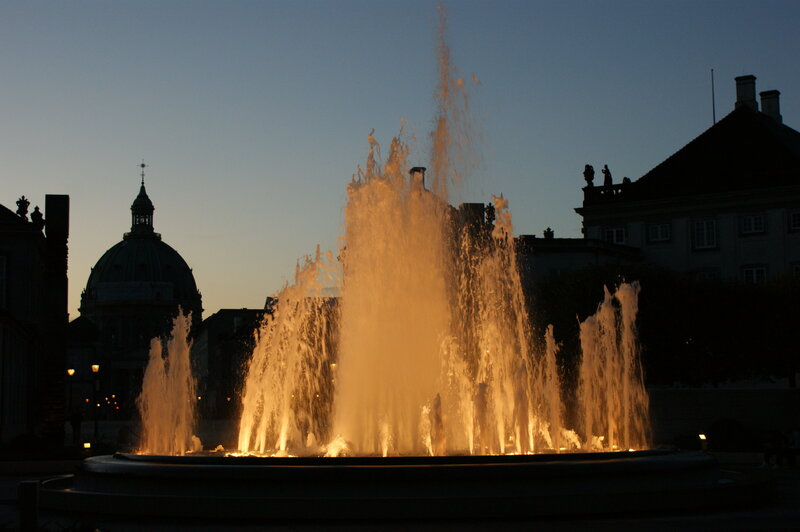 Illuminated Fountain at Dusk