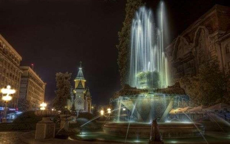 Illuminated Fountain at Night — Black, Dramatic, Photograph