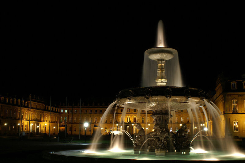Illuminated Fountain at Night — Black, Dramatic