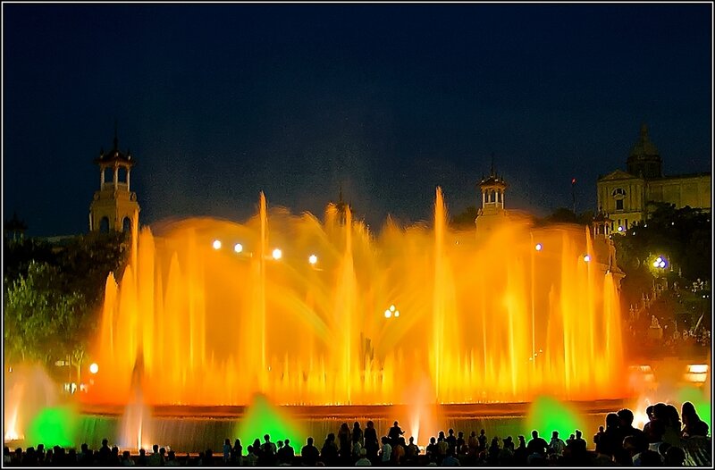 Illuminated Fountain at Night — Orange, Dramatic