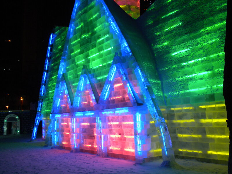 illuminated ice sculpture at night