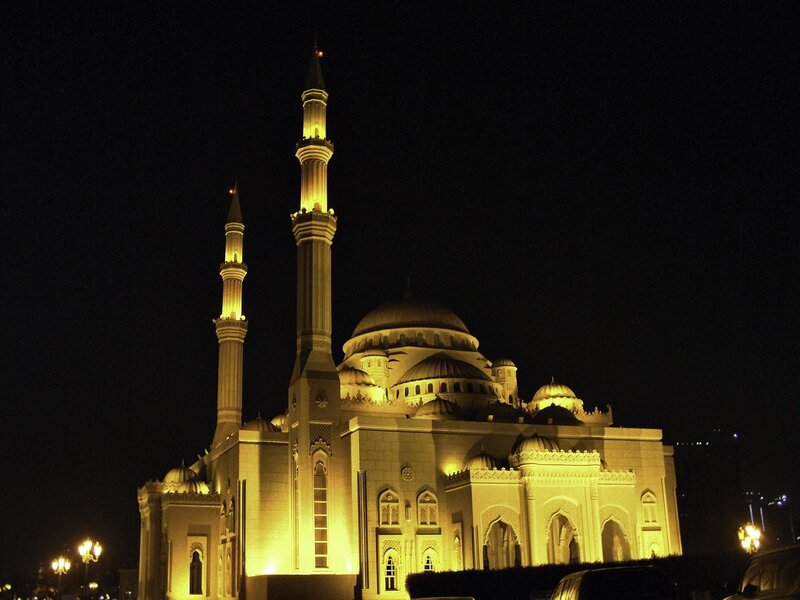 illuminated mosque at night