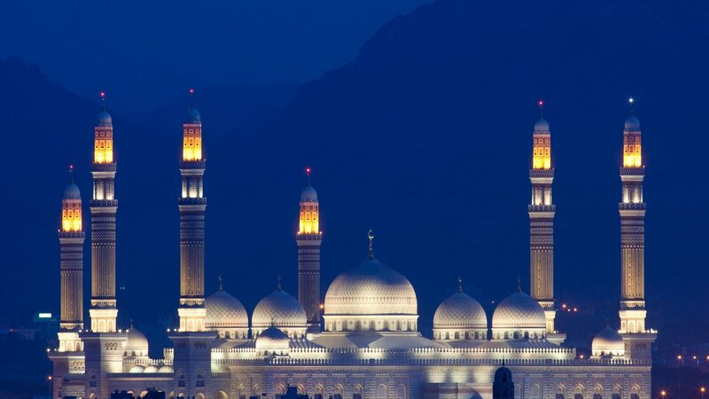 Illuminated Mosque at Night — Blue, Serene
