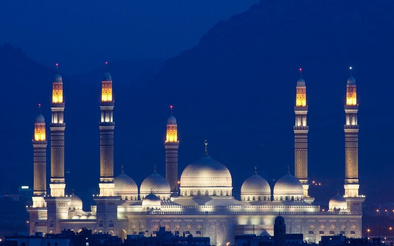 Illuminated Mosque at Night — Blue