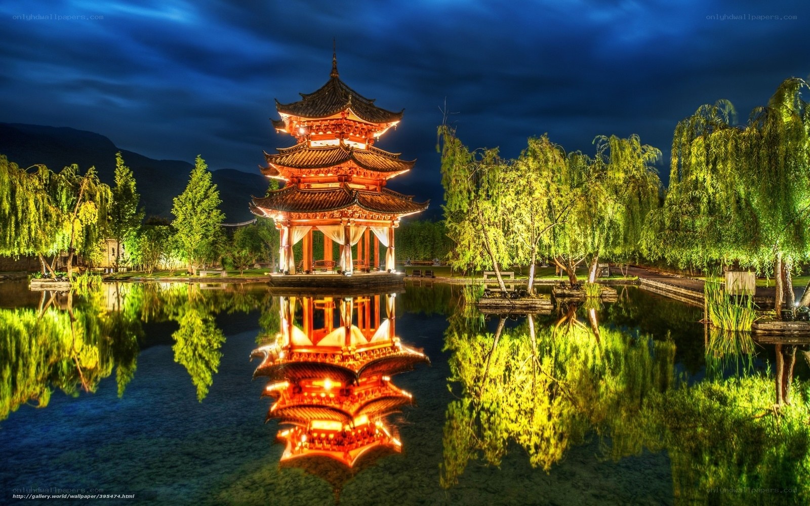 Illuminated pagoda at night
