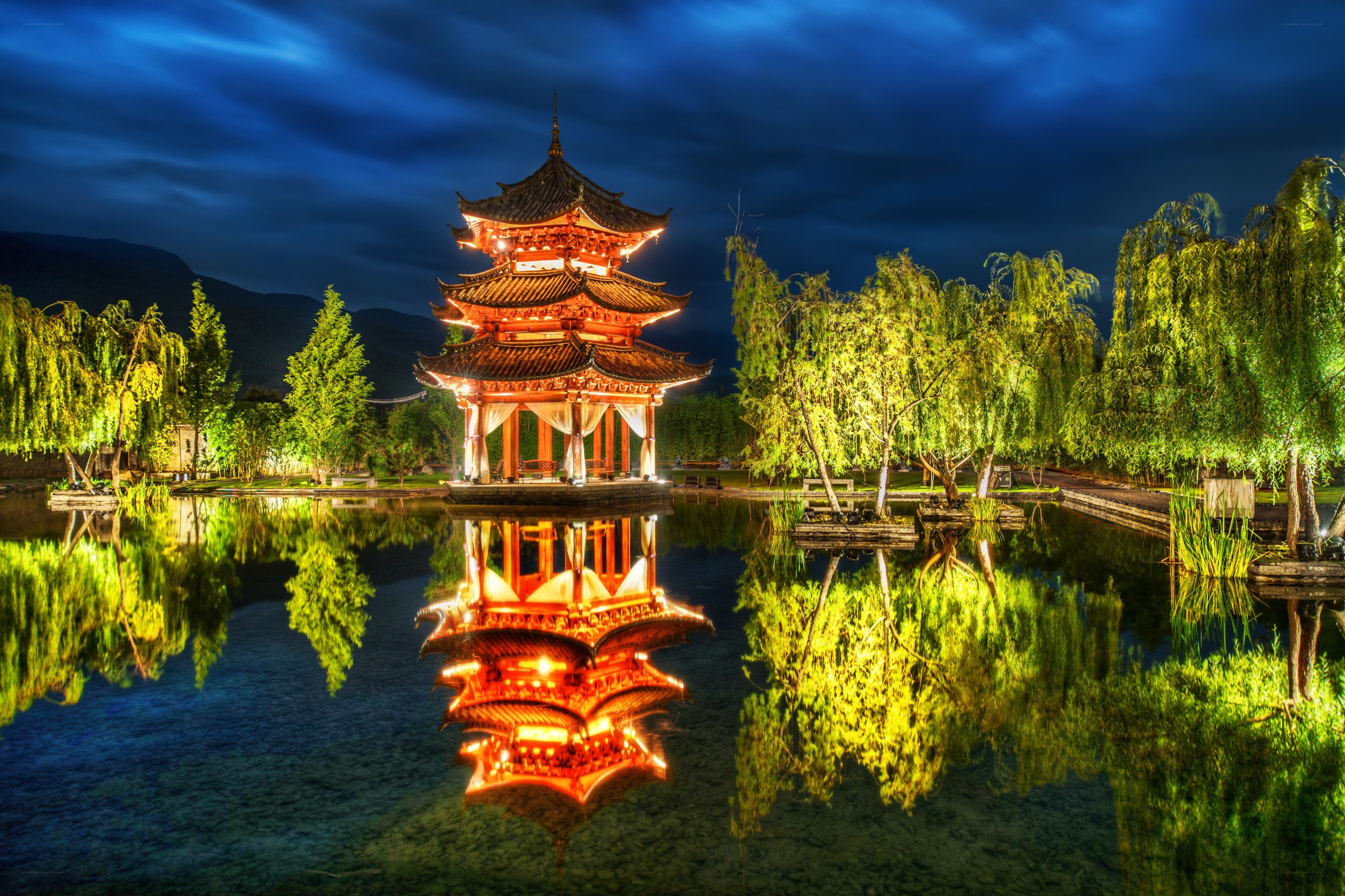Illuminated pagoda at night