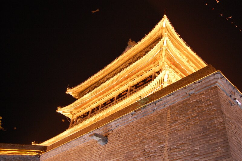 illuminated pagoda at night