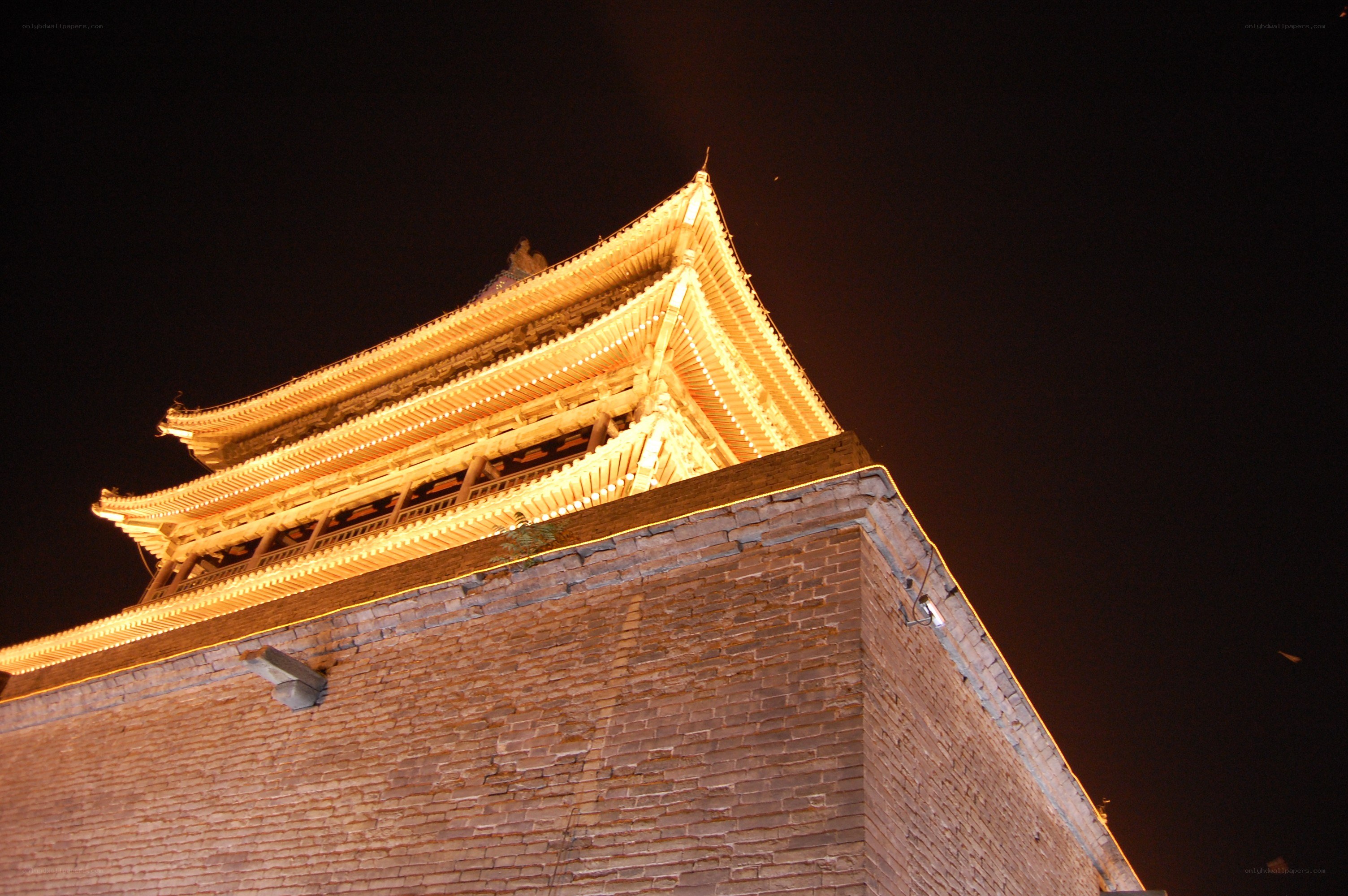 illuminated pagoda at night
