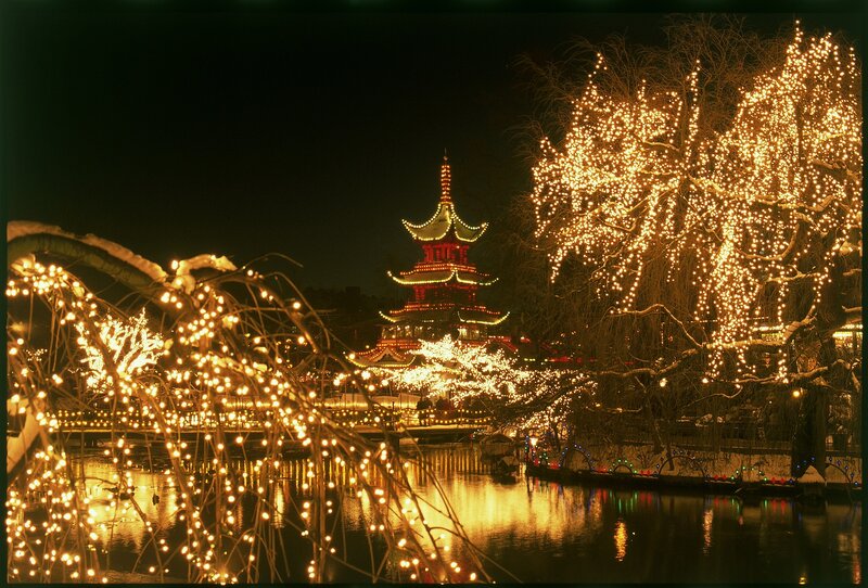 Illuminated Pagoda at Night — Gold