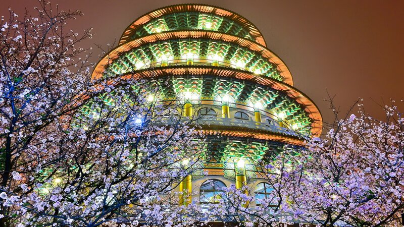 Illuminated Pagoda at Night — Green