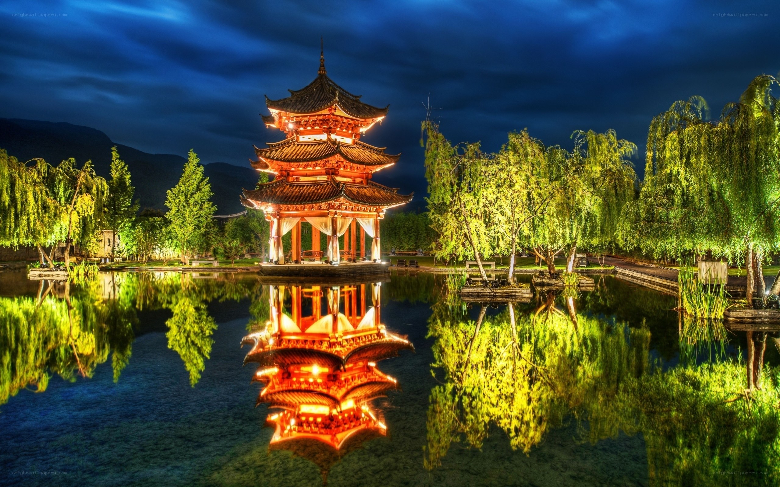 Illuminated pagoda at night