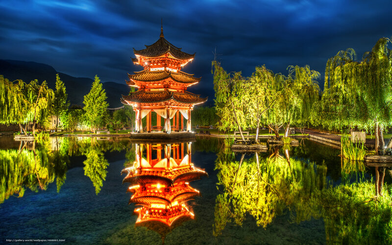 Illuminated Pagoda in Pond — Blue, Serene, Night