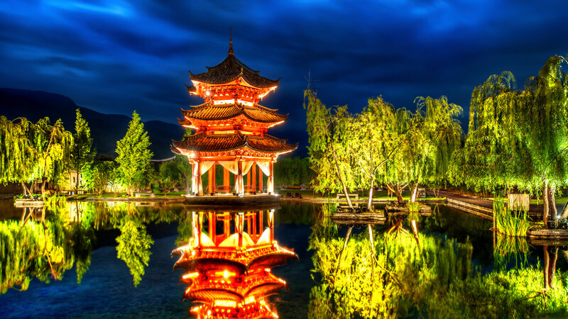 Illuminated Pagoda in Pond — Blue