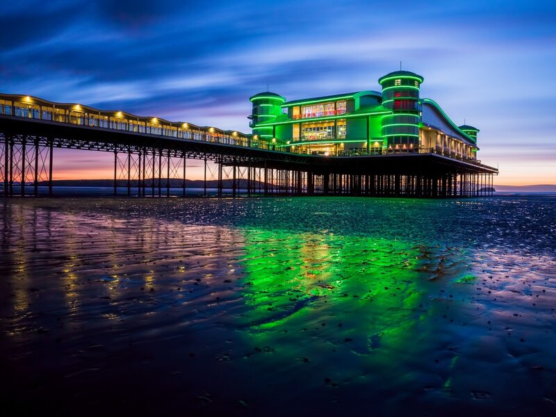 Illuminated Pier at Dusk — Green, Dramatic