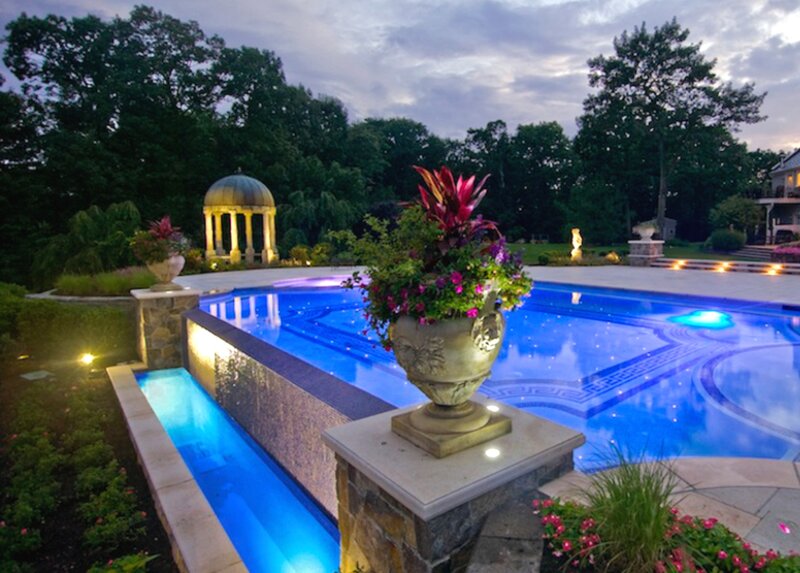 Illuminated Pool at Dusk — Blue, Serene, Night, Photograph